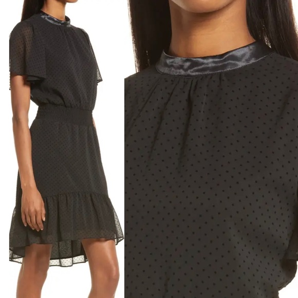 NWT Swiss dot black dress tie back Chelsea28 small mock neck waist defined - Picture 2 of 5